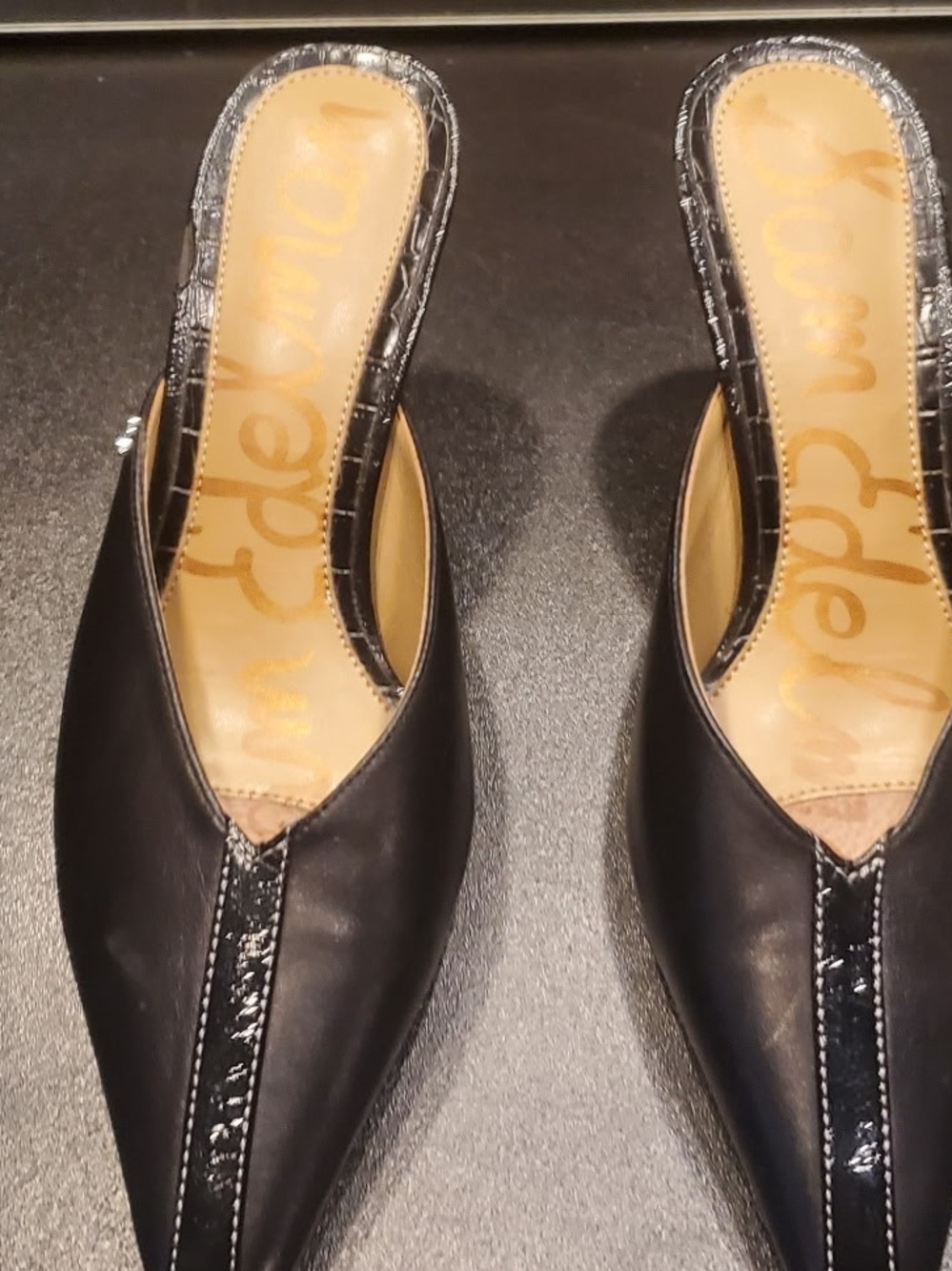 Sam Edelman Black Leather Pointed-Toe Mule Kitten Heels Size 7.5